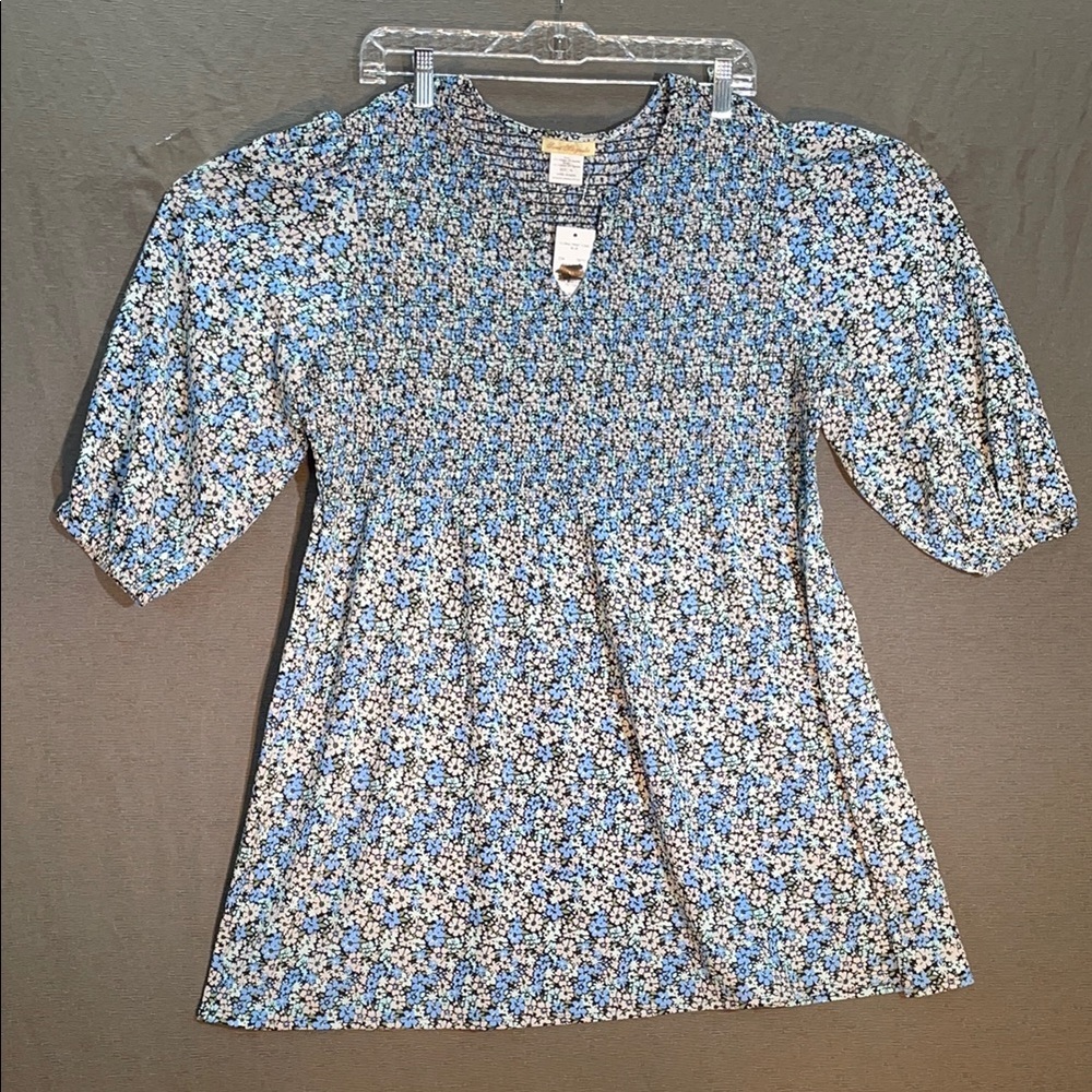 Magnolia‎ Blue and White Puff Sleeve Mandarin Collar Blouse